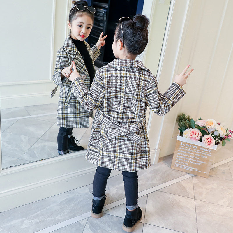 Kids Girl Overcoat Winter New Fashion Houndstooth Wool Coat for Girl Teens Autumn Jacket Long Thick Outerwear Children Windproof