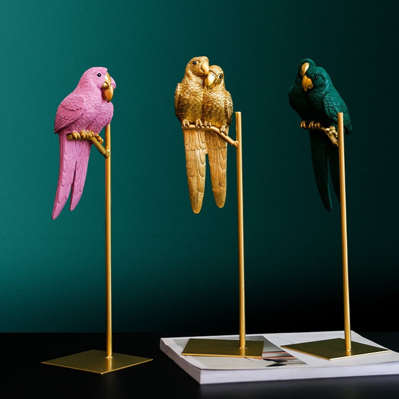 Figuras en miniatura de resina creativa nórdica, Animal simulado, loro, pájaro, adornos artesanales dorados, decoración de escritorio moderna para el hogar