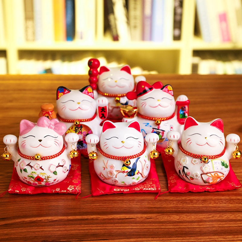 Adorno de gato de la suerte Maneki Neko de 5 pulgadas, estatua de gato de la fortuna de cerámica, regalo decorativo para el hogar, alcancía de gato de señas Feng Shui
