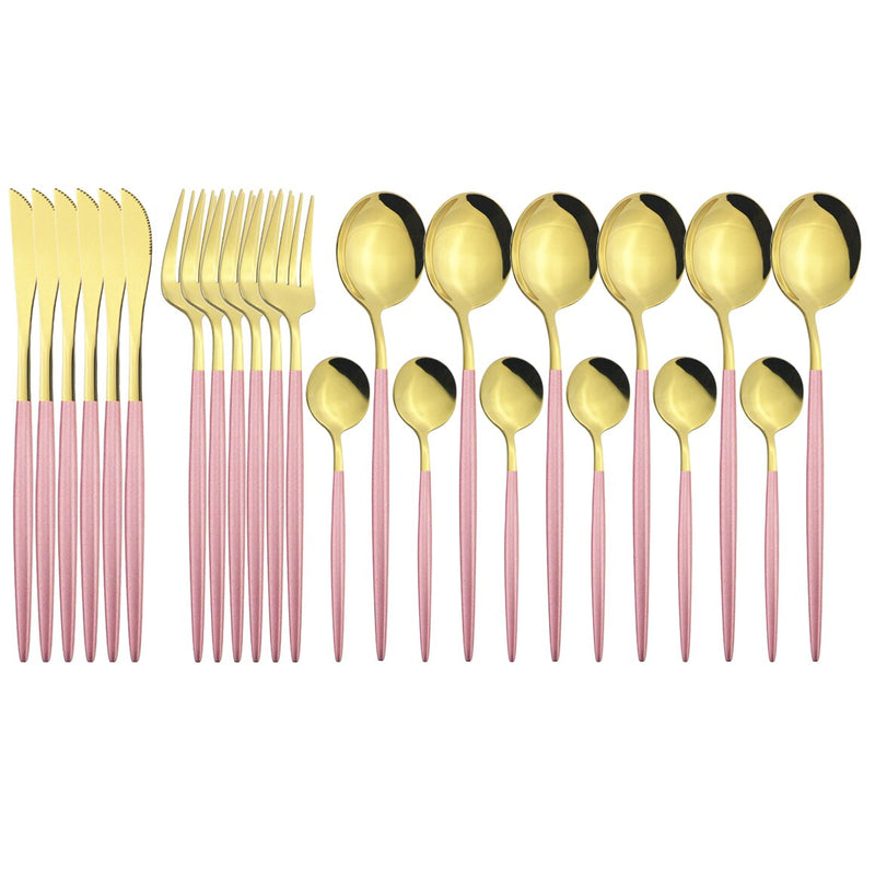 24 unids/set de vajilla de acero inoxidable, juego de cubiertos dorados, cuchillo de cena, tenedor, cuchara de café, vajilla, juegos de cubiertos de cocina