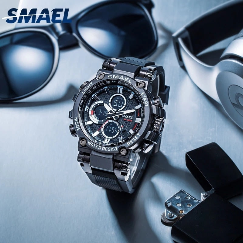 SMAEL Men Sport Watches Digital Double Time Chronograph Watch Mens LED Chronometre Week Display Wristwatches montre homme Hour