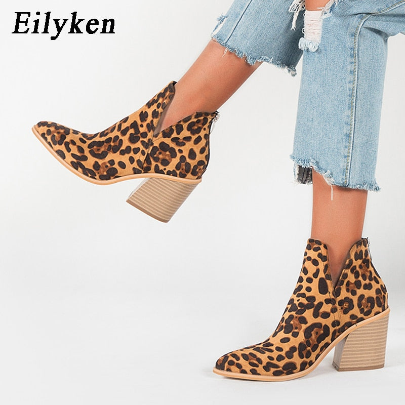 EilyKen Damen Frühwinter Stiefeletten Leopard Damen Reißverschluss Lässig Schwarz Cowboy Square Heel Booties Schuhe Zapatos De Mujer