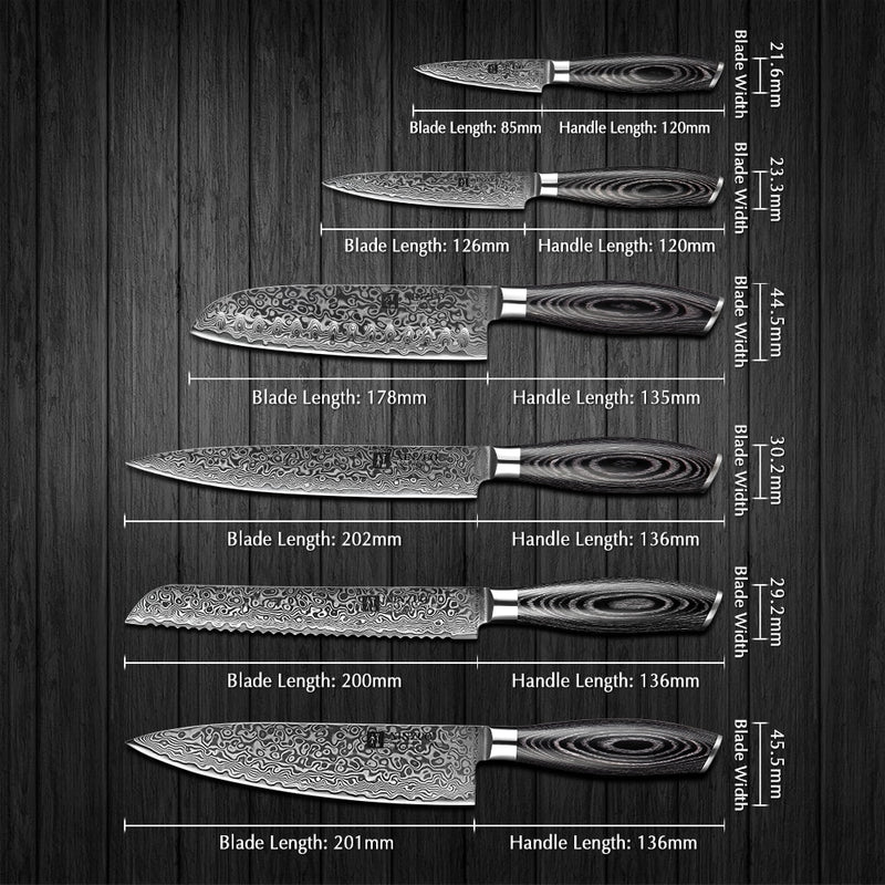 XINZUO 6PCS Kitchen Knives Sets High Carbon Japanese Style VG10 Damascus Steel Chef Santoku Bread Utility Knife Pakkawood Handle