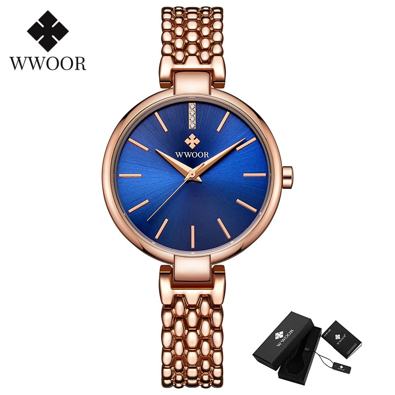 Reloj elegante WWOOR para mujer, reloj de pulsera de cuarzo con diamantes, conjunto de relojes de marca superior de lujo para mujer, reloj de pulsera, reloj femenino