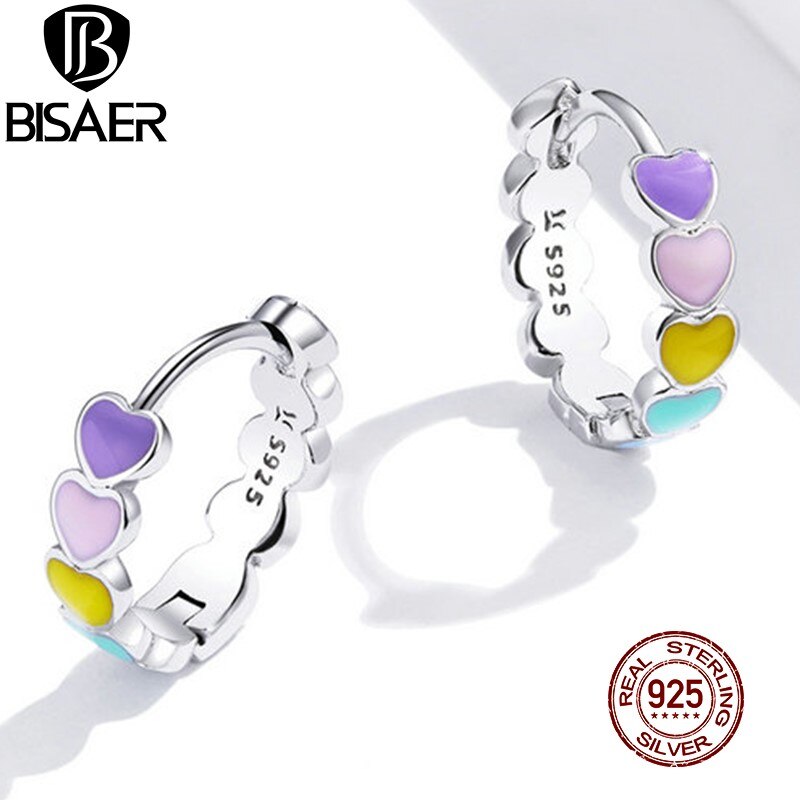 BISAER Rainbow Heart Hoop Earrings Real 925 Sterling Silver Colorful Enamel Round Earrings For Women Wedding Jewelry ECE909