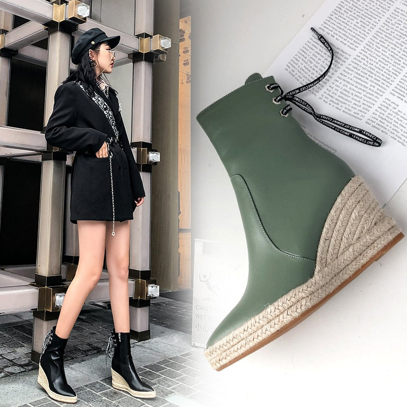 Women Wedge Ankle Boots Casual Lace Up Low Heels Female Platform Shoes Ladies Gladiator Short Botas Large size Footwear Mujer