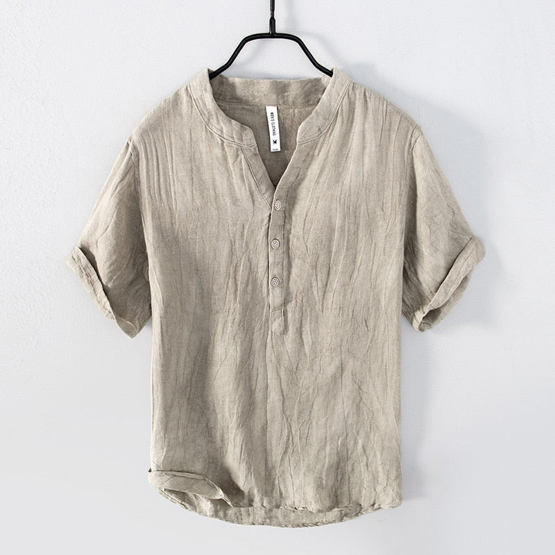 L888 Männer Vintage Leinen T-Shirts Pullover Lässig Frisch Chinesischer Stil V-Ausschnitt Halbarm Mode Urban Dünn Atmungsaktiv T-Shirts Männlich