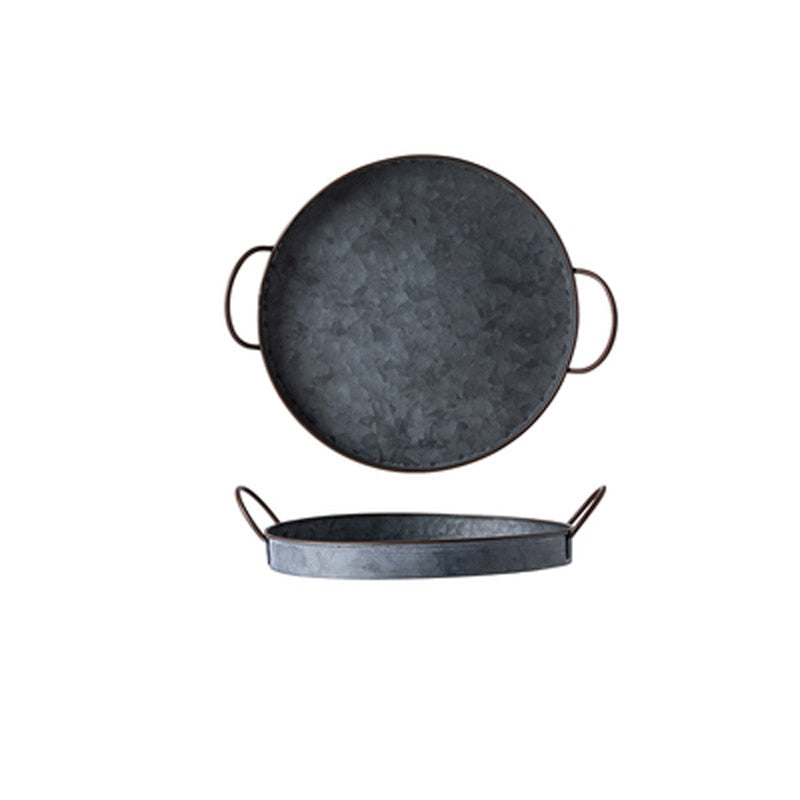 Europäische Retro-runde Eisenplatte mit Griffen aus Metall, Vintage-Brottablett, Heimdekoration, Garten, Restaurant, Tisch, Fotografieren