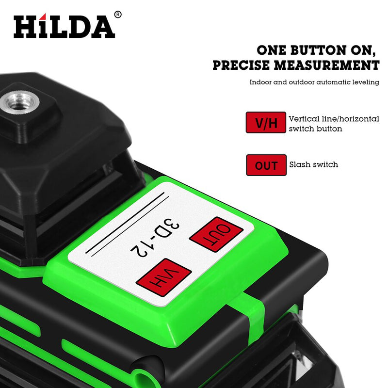 HILDA Laser Level 12 Lines 3D Level Self-Leveling 360 Horizontal And Vertical Cross Super Powerful Green Laser Level