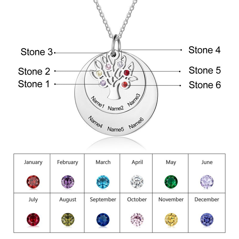 Personalized Family Name Engraved Necklaces for Women Tree of Life Stainless Steel Pendant Necklace with 7 Birthstones Jewelry