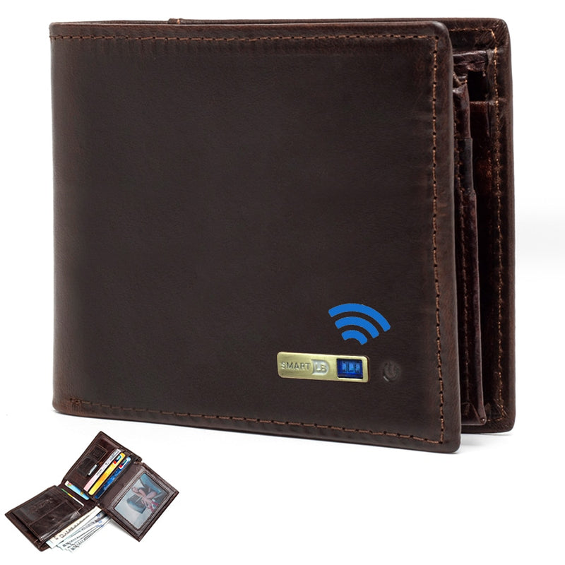 Smart Anti-Lost Wallet-kompatibles Leder Kurze Kreditkarteninhaber Männliche Geldbörse Echtes Leder Herren Geldbörsen Kostenlose Gravur