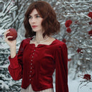 2021 Frühling Herbst Vintage Damen Square Kragen Laterne Ärmel Weinrot Schwarz Samt Top Bluse, Damen Velours Tops und Blusen