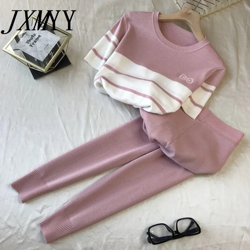 Korean Summer Butterfly Contrast Knitted 2 Peice Set Women Short Sleeve Sweater Female New Tops+pants Suit Pink Casual Tracksuit