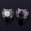 925 Silver Ring Oval 8 * 10MM Natural Moonstone and Natural Purple Dragon Crystal Vintage Wreath Engagement Wedding Party Gift