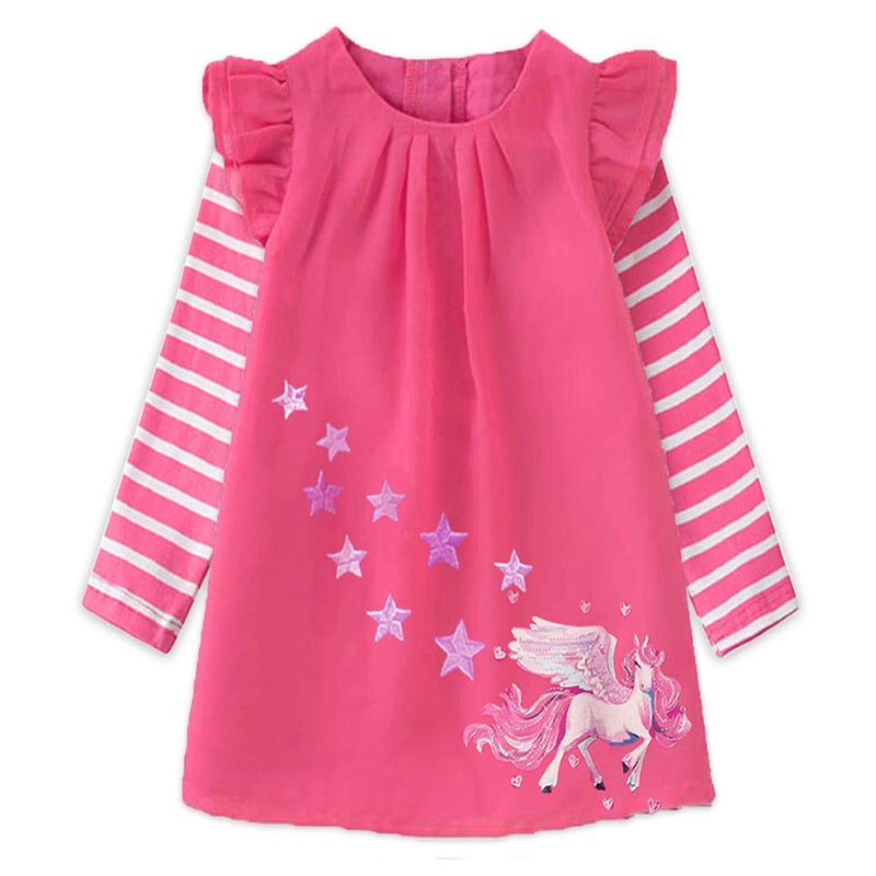 VIKITA Girls Striped Dress Kids Unicorn Dresses for Girl Clothes Toddlers Casual Cotton Dress Kids Autumn Long Sleeve Vestidos