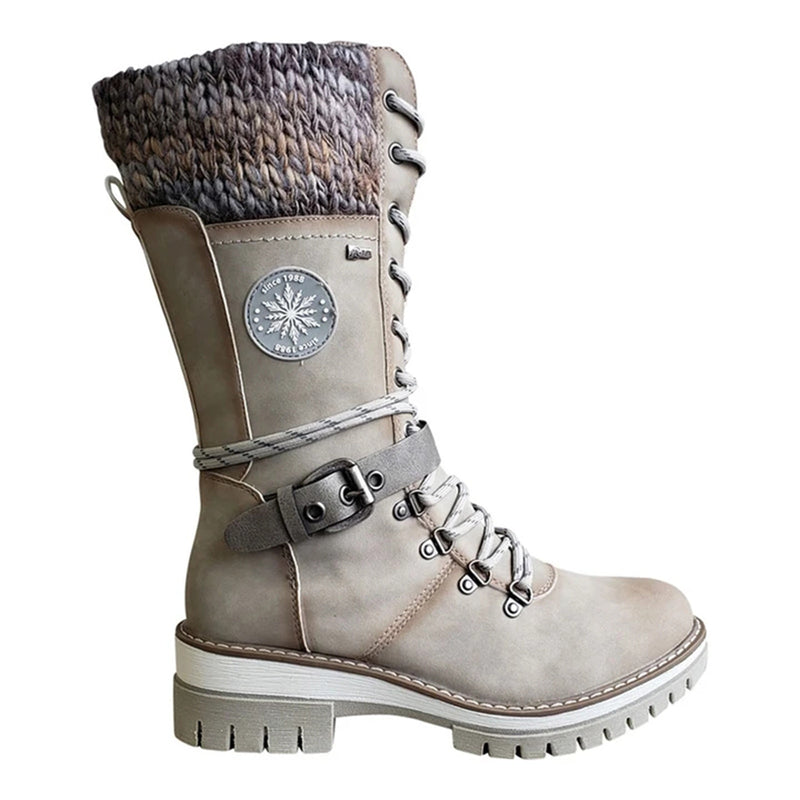 2021 Damen Winter Schnalle Spitze Gestrickte Wadenstiefel Low Heel Round Toe Stiefel Top Qualität Winter Warme Stiefel Damen Botas De Mujer