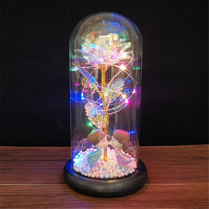 LED Enchanted Galaxy Rose Eternal 24K Gold Foil Flower with String Lights In Dome for Home Decor Christmas Valentine&