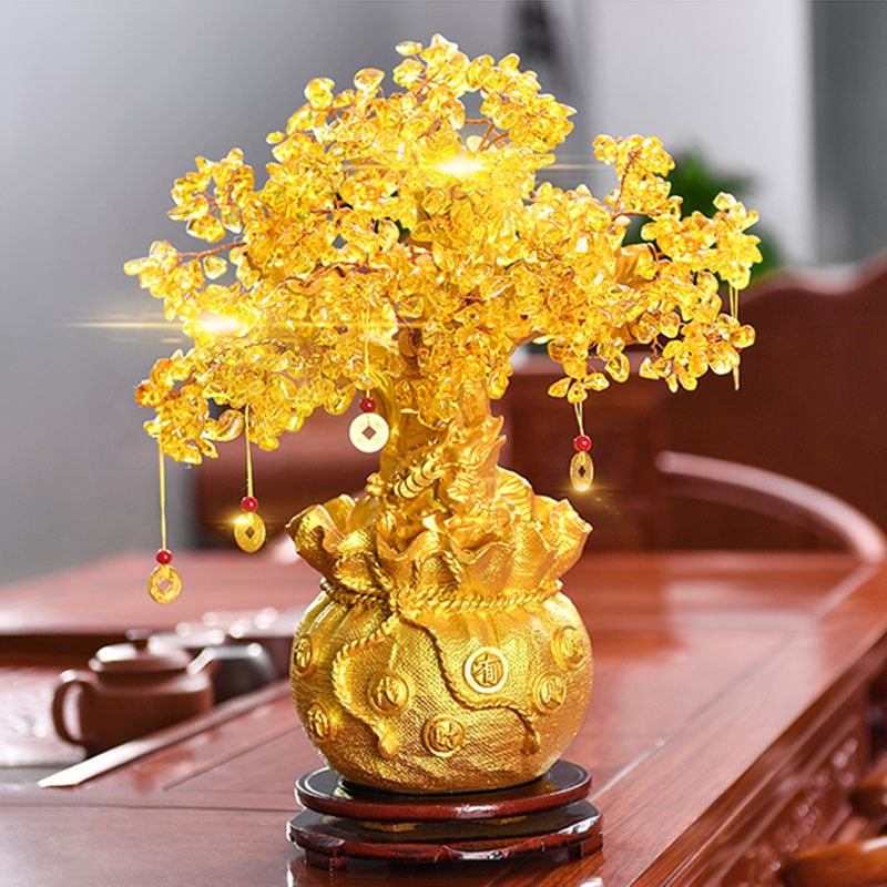 19/24cm Lucky Tree Wealth Yellow Crystal Tree Natural Money Tree Ornaments Bonsai Style Wealth Luck Feng Shui Ornaments Craft