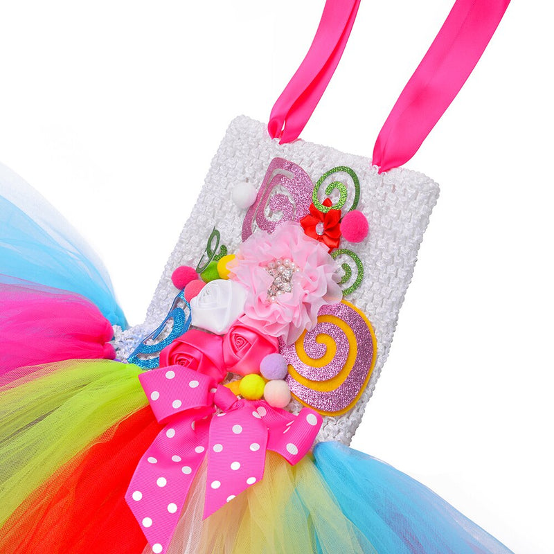 Dulce Arco Iris caramelo tutú vestido para niñas Halloween cumpleaños fiesta ropa niños flores arco piruleta caramelo disfraz con diadema