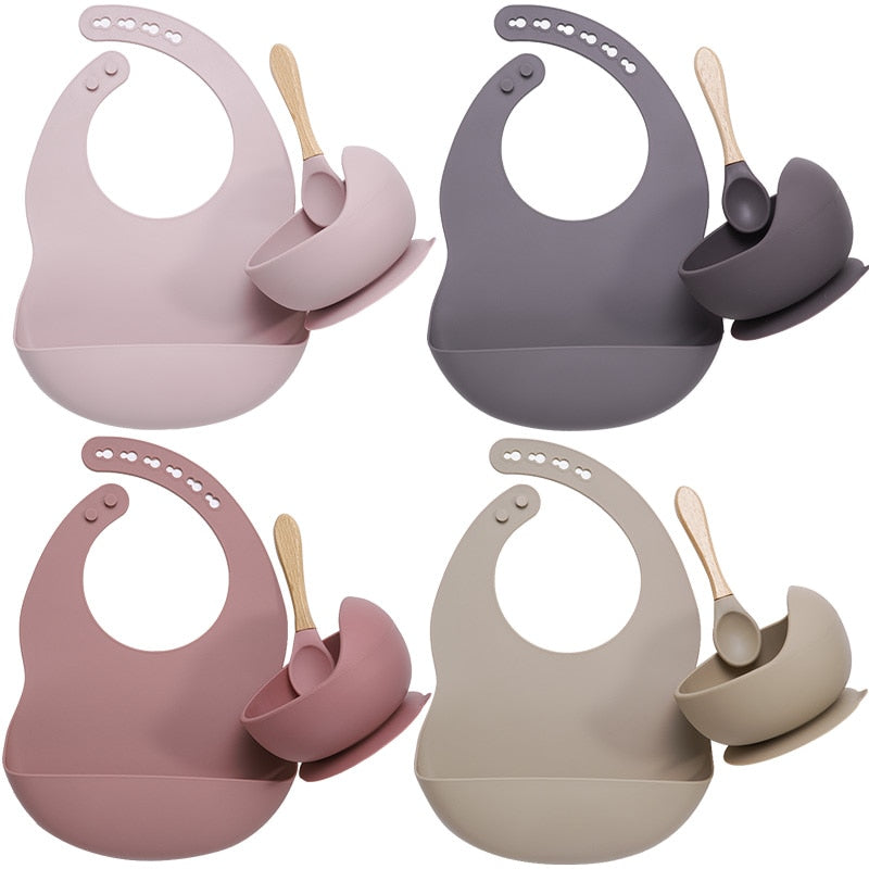 Vajilla de silicona para bebé sin BPA, babero impermeable, toalla Flexible para Saliva, cuenco y cuchara con ventosa de Color sólido para niños