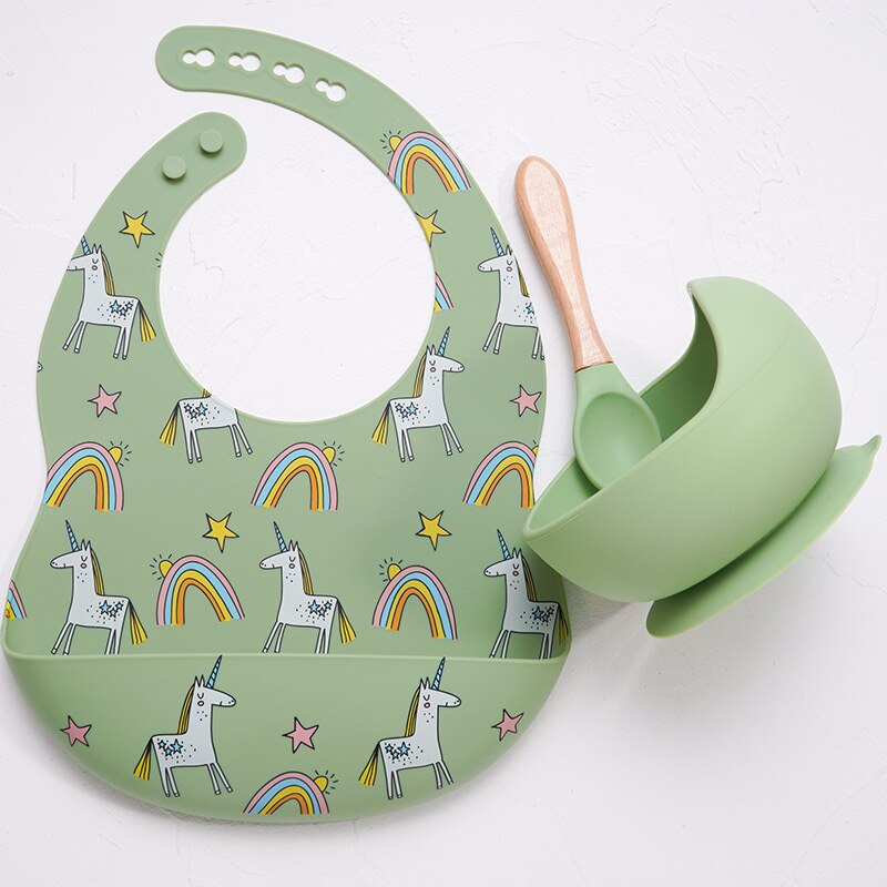 Colorful Silicone Spoon With Wooden Handle Hot Selling Baby sucker Bowl Waterproof Adjustable Baby Bibs Print Saliva Towel.