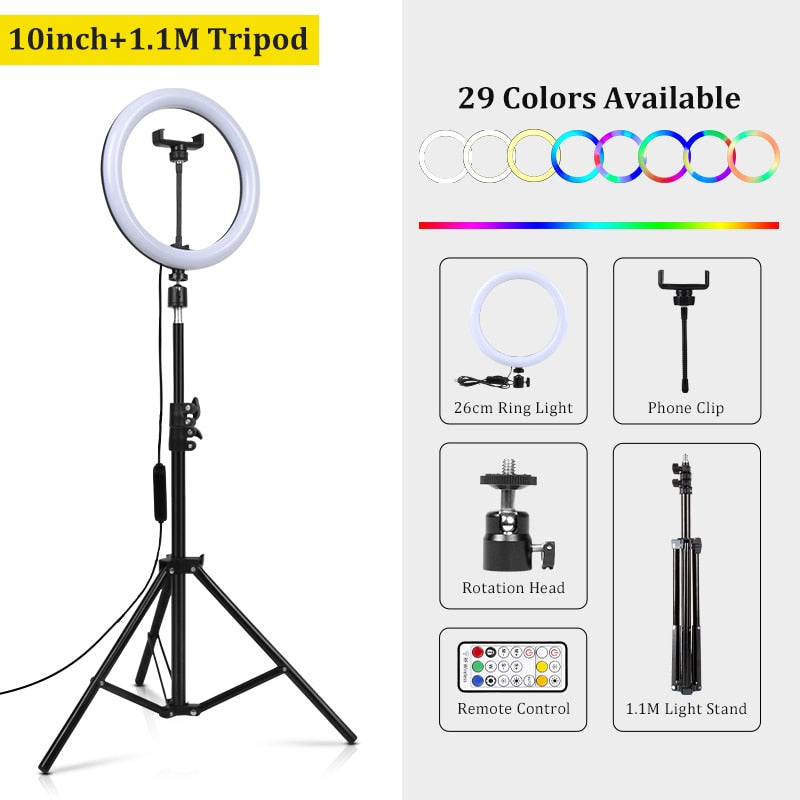 RGB-LED-Ringlicht mit Ständer, bunte Beleuchtung, 29 Farblicht, 3 normale Modi, dimmbares Selfie-10-Zoll-Ringlicht für Youtube-Video