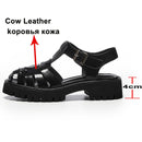 Meotina Plattform Wedges Sandalen Echtes Leder Schuhe mit mittelhohem Absatz T-Strap Round Toe Damenschuhe Schnalle Sandalen Sommer Schwarz Neu