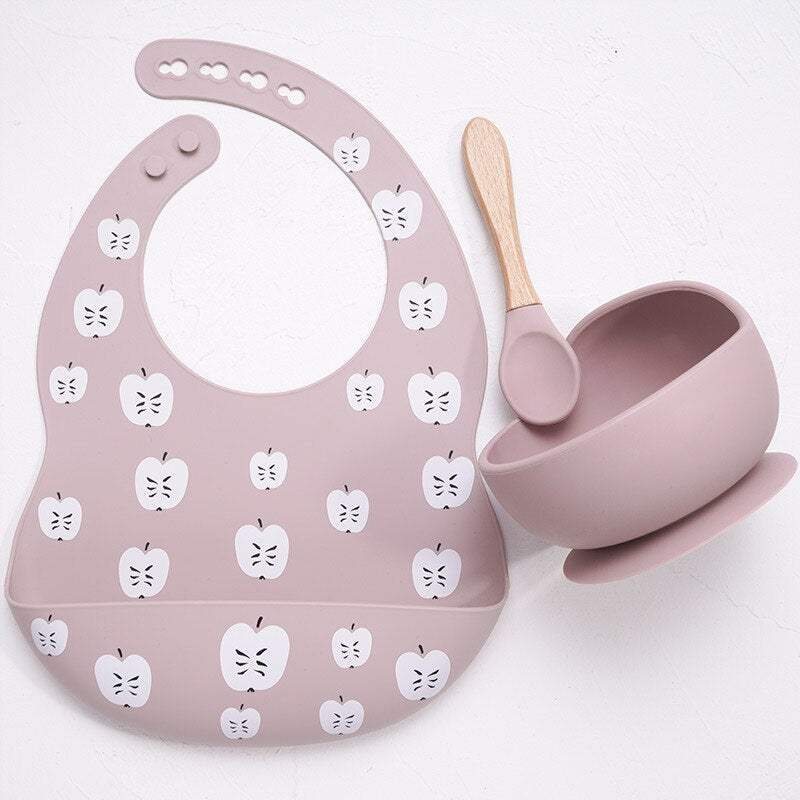 Colorful Silicone Spoon With Wooden Handle Hot Selling Baby sucker Bowl Waterproof Adjustable Baby Bibs Print Saliva Towel.