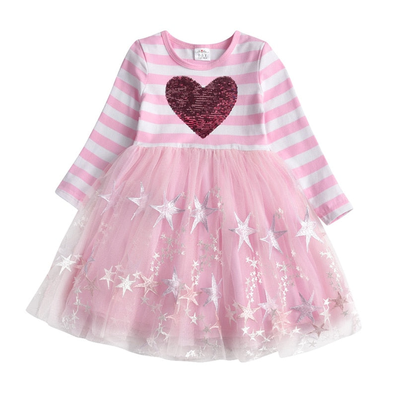 VIKITA Mädchen Gestreiftes Kleid Kinder Prinzessin Kleid für Mädchen Kinder Herz Design Kleider Mädchen Schule Freizeitkleidung Kinderkleidung