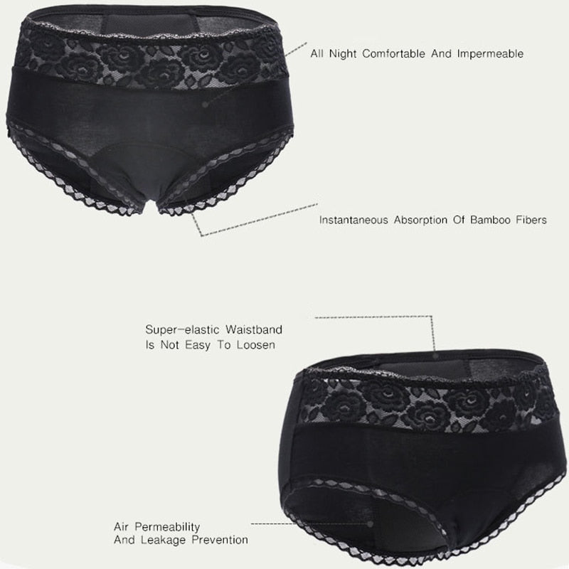 VIP cuatro capas de ropa interior menstrual negra a prueba de fugas, bragas de período fisiológico transpirables con bordado de rosas de encaje para mujer