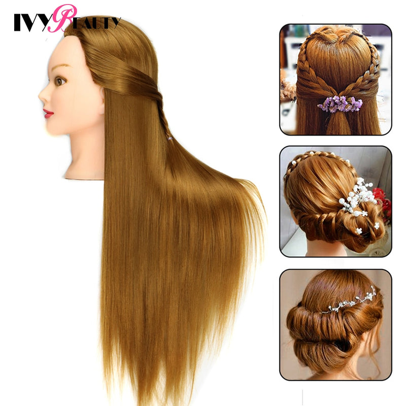 Cabeza de maniquí con 100% pelo de fibra de alta temperatura 65cm cabeza de peluca de entrenamiento de peluquería de novia con soporte cabeza de muñeca de cosmetología