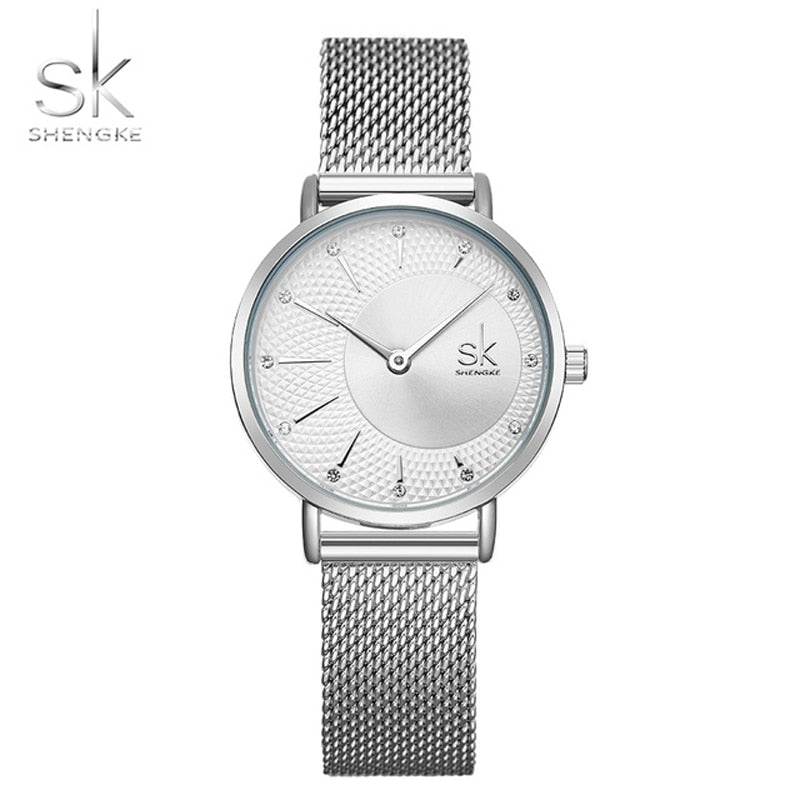 Shengke Women Silver Quartz Watch for Female Top Luxury Brand Quartz Watch Women's Mesh Band Fashion Reloj Mujer 2022 New Clock