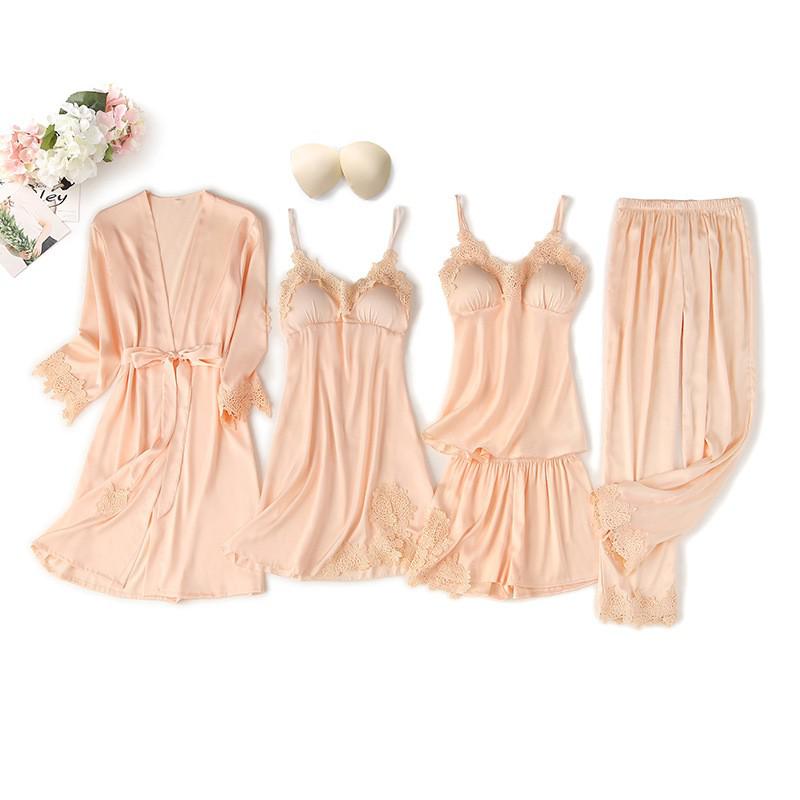 Black Sexy Women Robe Set Faux Silk Kimono Bathrobe Gown 5PCS Sleepwear Suit Hollow Out Lace Nightgown Home Wear Wedding Gift