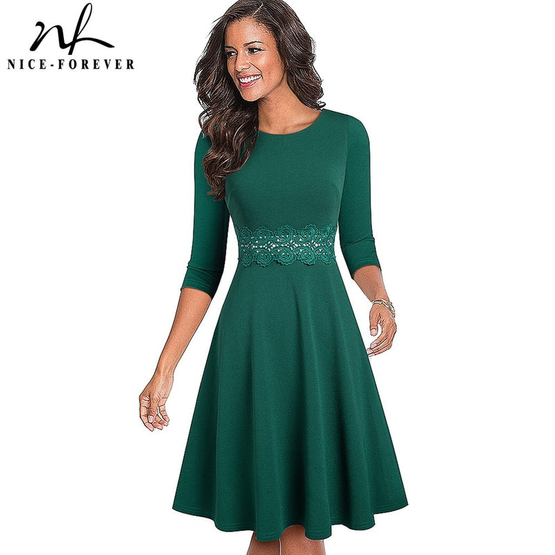 Nice-forever Otoño Retro Color puro con vestidos de encaje Fiesta A-Line Mujeres Flared Swing Dress A190