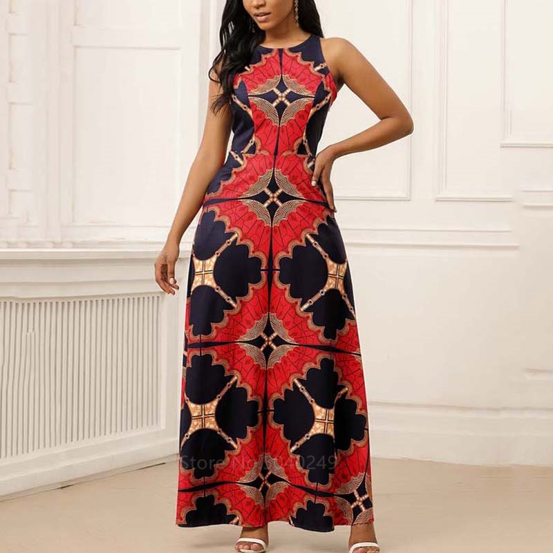 Afrikanische Kleidung für Frauen Dashiki-Druckkleid Europäische Kleidung Plus Size Bazin Rich Sleeveless Fashion Rundhals Maxi Vestido