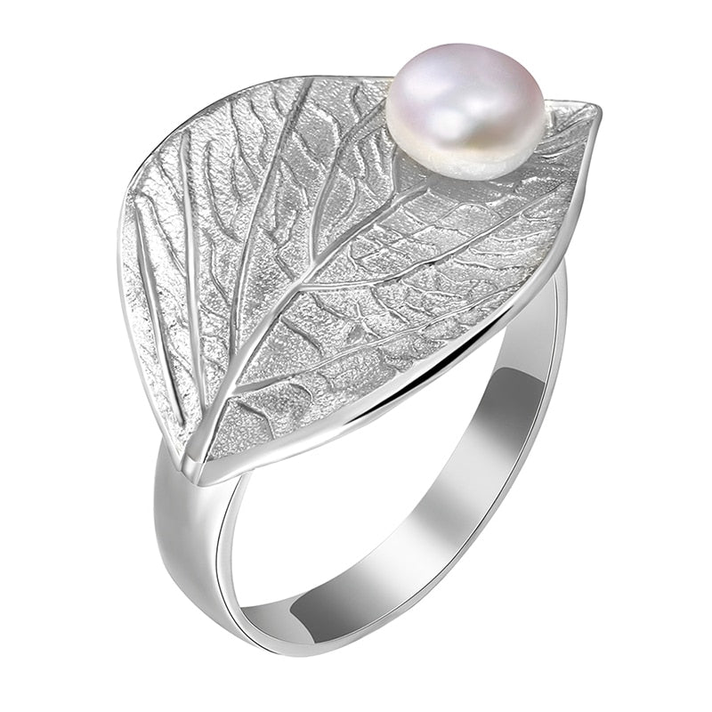 Lotus Fun Real 925 Sterling Silver Natural Pearl Handmade Designer Fine Jewelry Creative Open Ring Leaf Rings for Women Bijoux