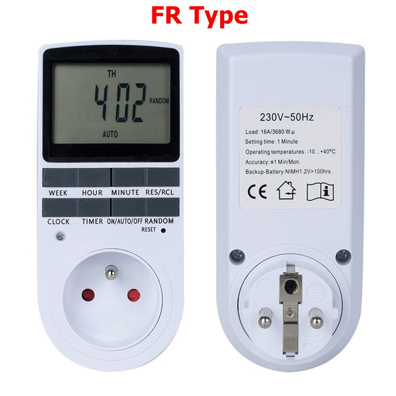 Interruptor de temporizador programable enchufable EU BR FR UK, 230V, 50Hz, con función aleatoria de horario de verano para interruptor de temporizador de cocina