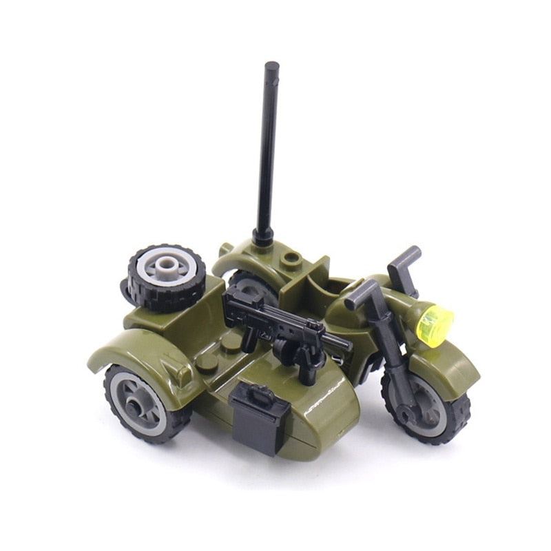 MOC Military Particles Zubehör Motorrad Dreirad Cartoon Auto Brick Set Baustein Kind Spielzeug Militarys City Kit Modell Geschenke