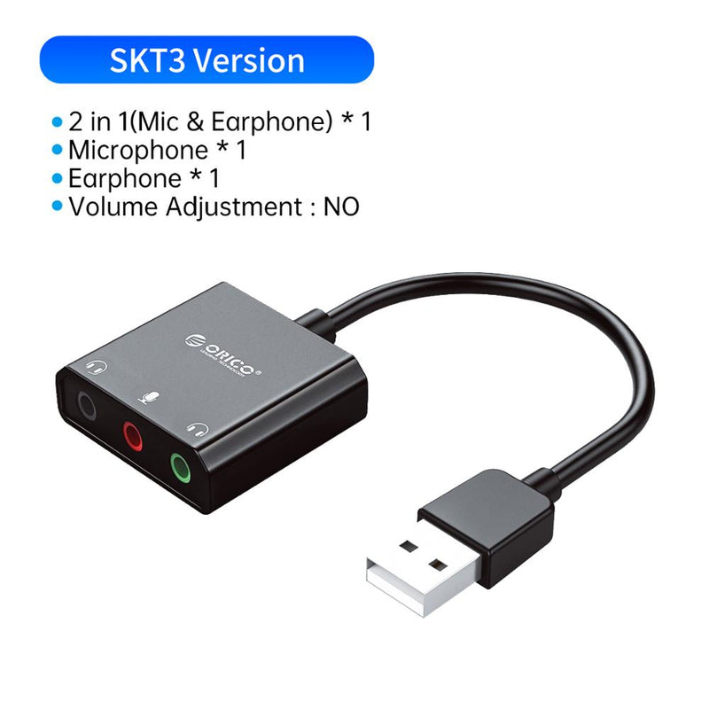 Tarjeta de sonido USB externa ORICO, micrófono estéreo, altavoz, auriculares, conector de Audio, adaptador de Cable de 3,5mm, interruptor de silencio, ajuste de volumen, unidad libre