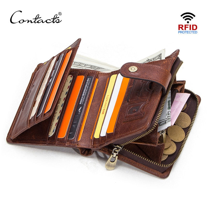 CONTACT'S Genuine Leather RFID Vintage Wallet Men With Coin Pocket Short Wallets Small Zipper Walet With Card Holders Man Purse