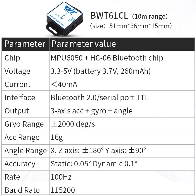 BWT61CL High-Precision Bluetooth Accelerometer+Gyroscope+Angle(XYZ, 100HZ), 6-Axis MPU6050 AHRS Inclinometer, Support PC/Android