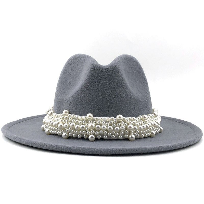 Sombreros de fieltro de lana Jazz para hombre y mujer, sombrero de fieltro con cinta de perlas de cuero, blanco, rosa, amarillo, sombrero de fiesta Formal Trilby de Panamá, 58-61CM