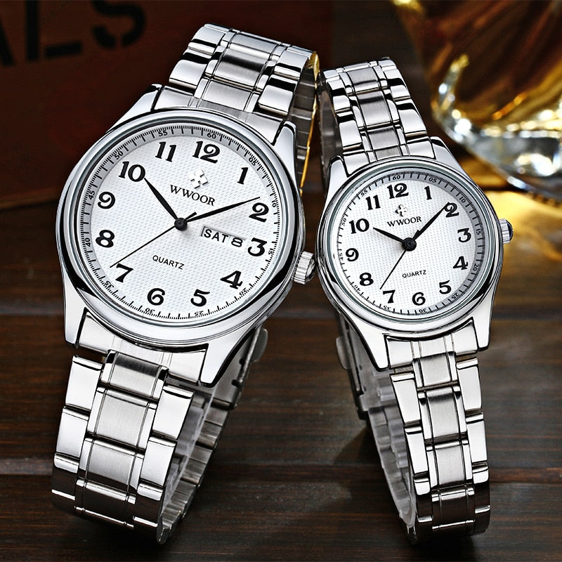 WWOOR, relojes para amantes de la moda para hombres y mujeres, reloj árabe resistente al agua, reloj de pulsera de cuarzo informal para parejas de acero inoxidable y plata para mujer