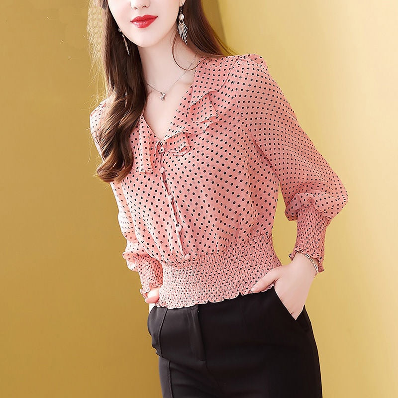 Camisa de chifón estilo primavera otoño para mujer, blusas informales elegantes de manga larga con retazos de lunares y cuello con volantes para mujer DD8397