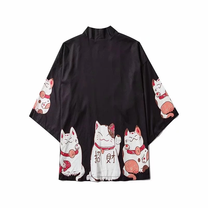 Bebovizi, ropa de estilo japonés, ropa de calle de verano para hombre, Kimono con estampado de gato, cárdigan, bata mandarina, Kimonos de tendencia japonesa Unisex para hombre