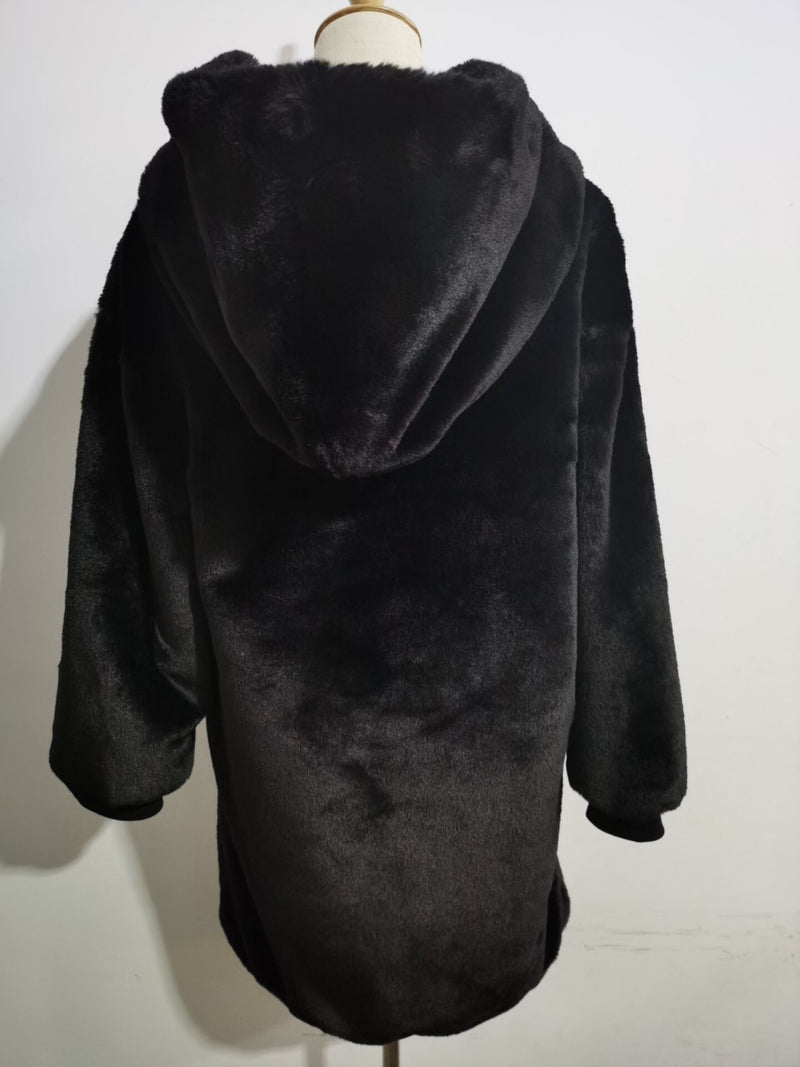 Winter Warm mit Kapuze Langer einfarbiger Kunstpelzmantel Lässige Langarm Damen Pelzjacke Lose Oberbekleidung