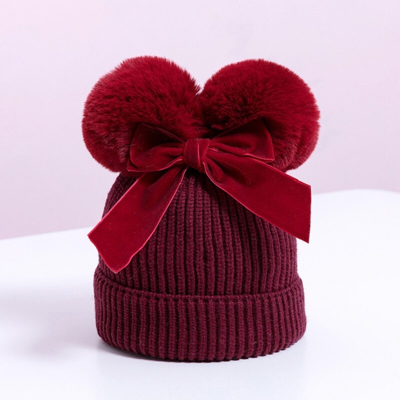 Winter Double Pompom Knitted Hat For Kids Girls Warm Thick Baby Caps With Bow Children&