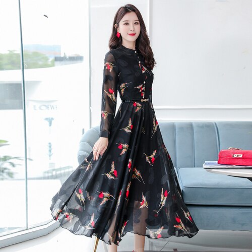 Vintage Chiffon Schwarz Casual Midi Kleid 2022 Herbst Winter Elegante Frauen Boho Prom Maxi Kleid Party Langarm Hochzeit Vestidos