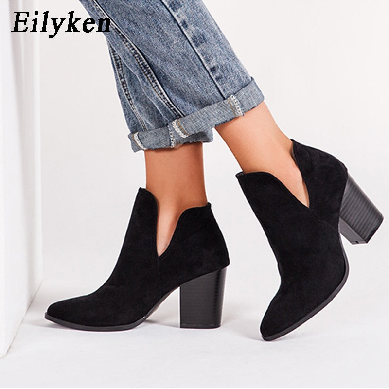Eilyken Mujeres Diseñador Tobillo Botas elegantes Tacones bajos 8 cm Cremallera Botas de calidad corta Zapatos TALLA 36-43