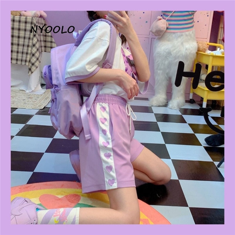 NYOOLO Harajuku estilo amor corazón estampado patchwork cintura alta pantalones cortos mujeres 2020 verano cintura elástica cordón dulce niñas pantalones cortos